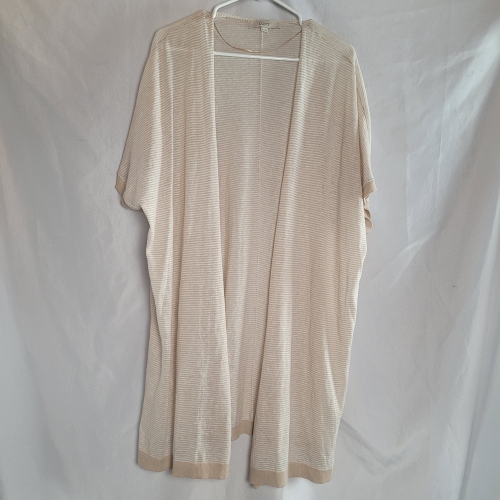Loft Linen Blend Short Sleeve Striped Open Front Cardigan Sweater Size XL